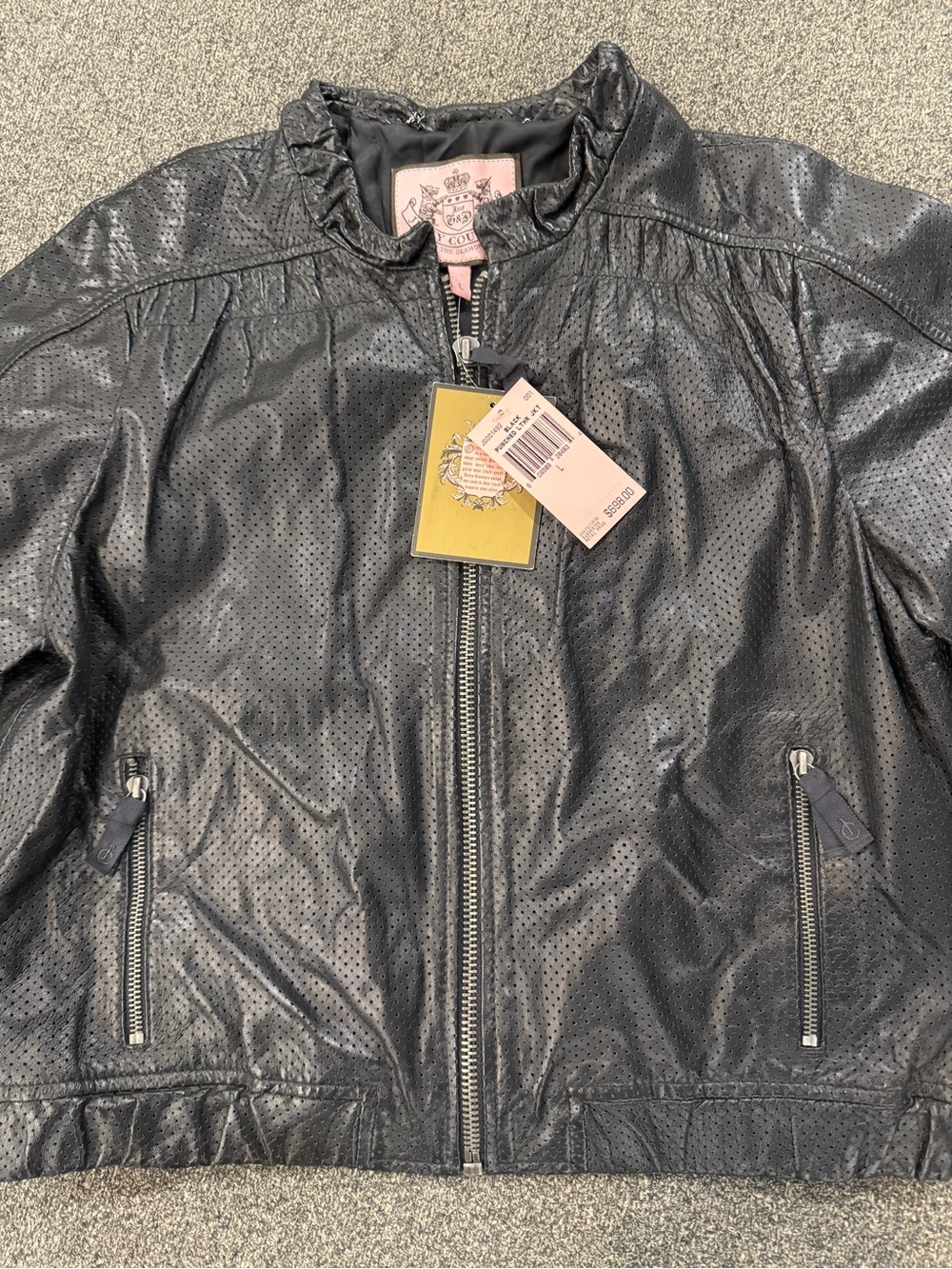 NWT Juicy Couture Black Perforated Zip-Front Leather Jacket